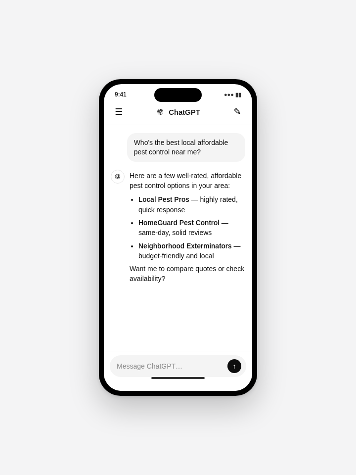 Phone showing a homeowner asking ChatGPT for the best local affordable pest control near them